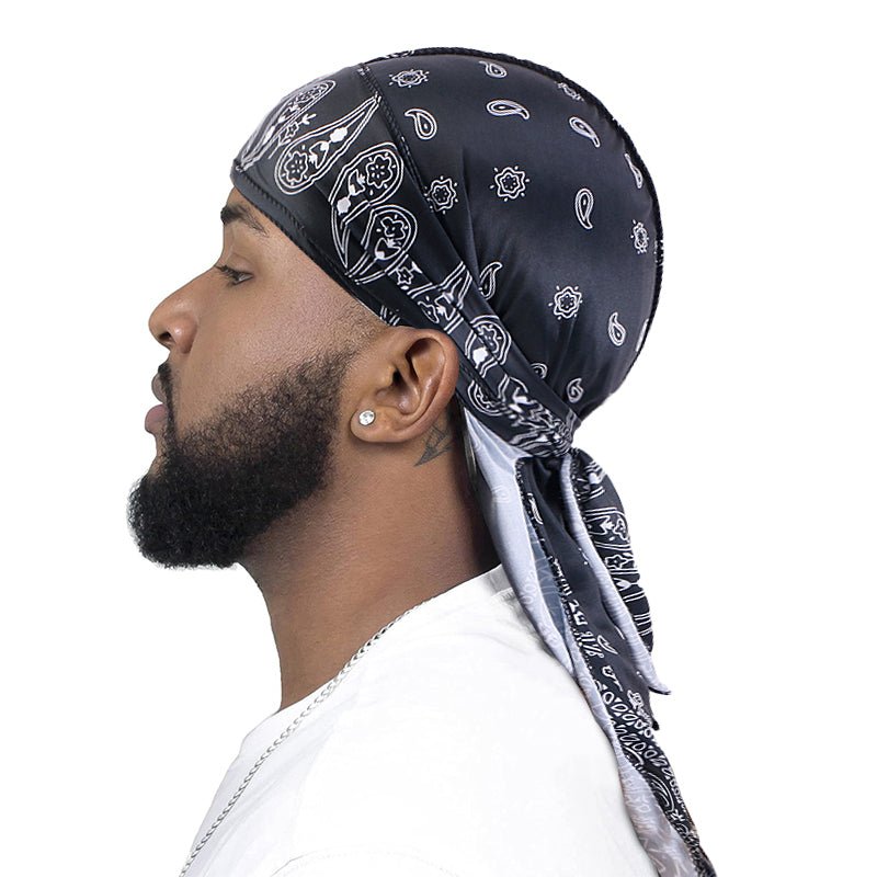 Durag en soie syntetique motif Bandana Noir Blanc