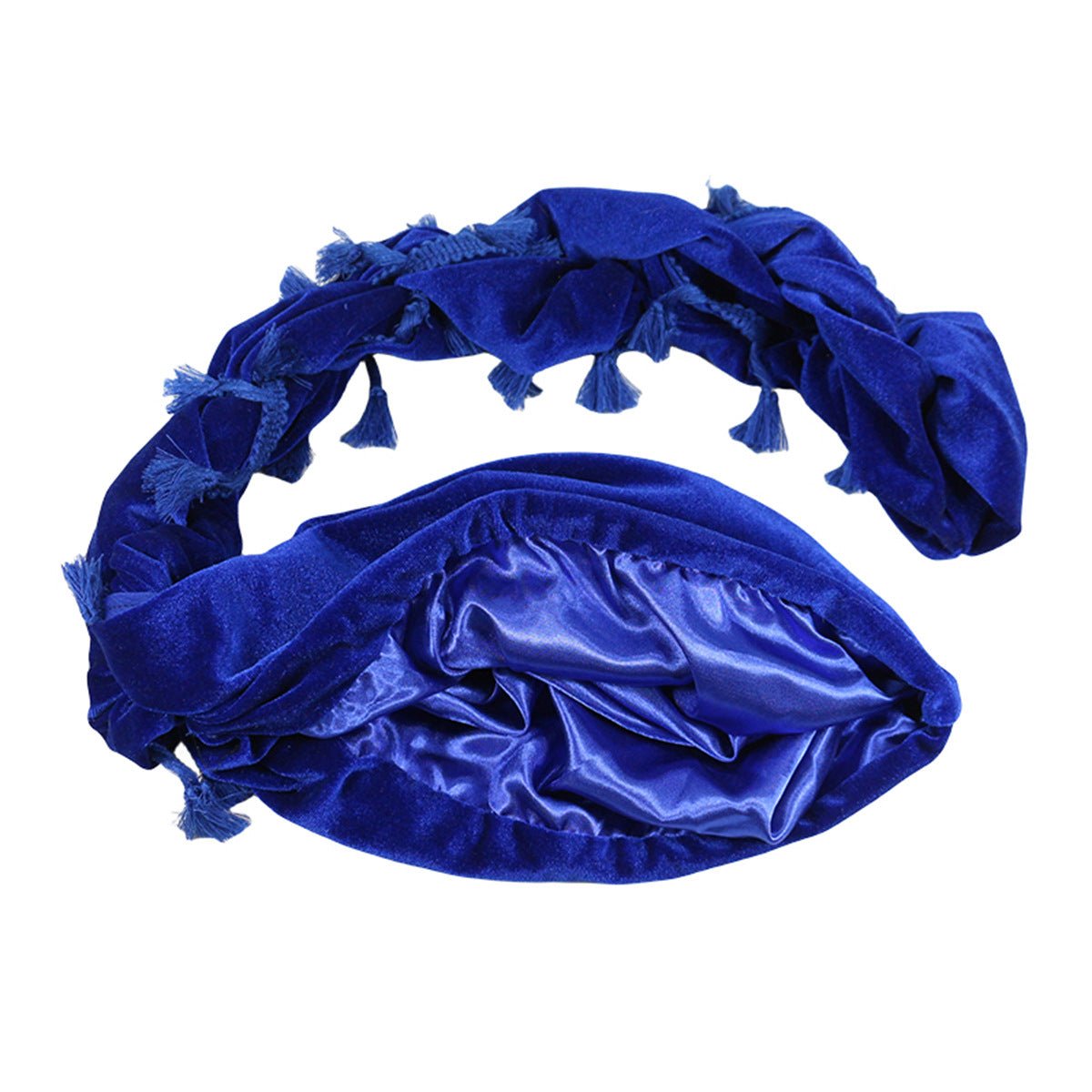 DURAG TURBAN VELOURS-Style_Elegant_a Franges homme femme chic satin double bleu a franges