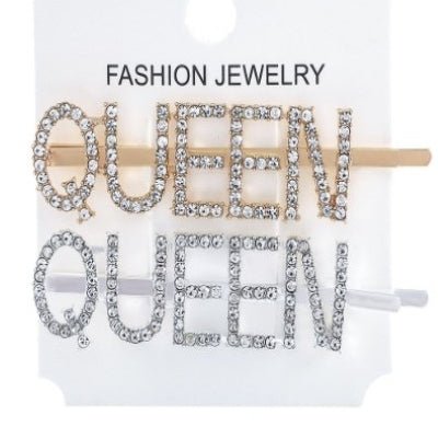 Bobbypins Diamant Parlant message QUEEN argent or anglais mot épingle strass, pince à franche