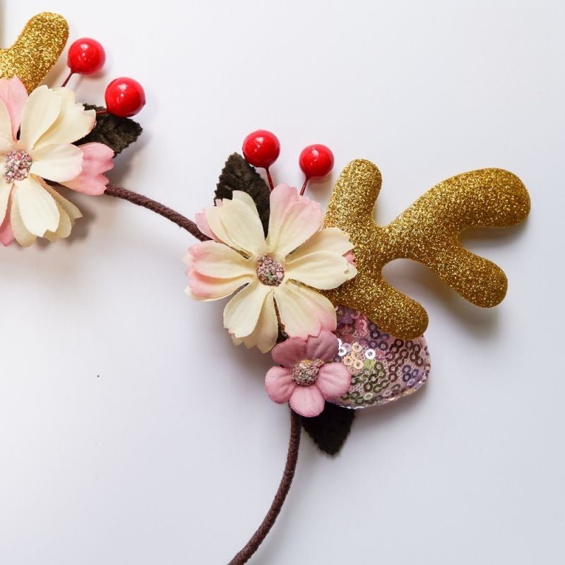 Kit Serre - Tête Noël Fillette | Bois de Renne Pailleté avec Fleurs Accessoires,Cheveux, Noel Enfant- bois, de, renne or