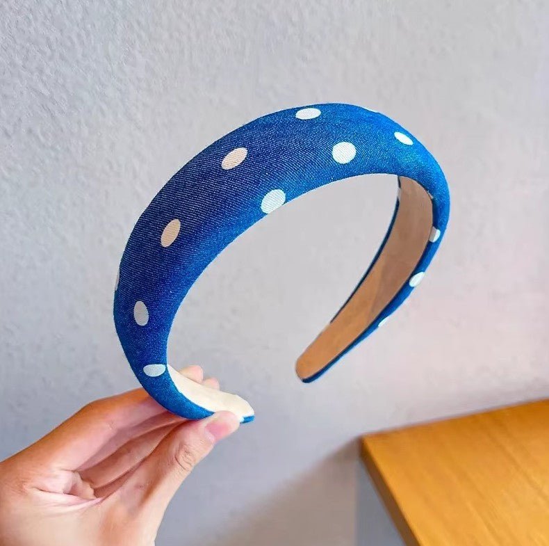 Serre tête pour fillette jean rembourré bleu marine grand point