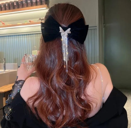 Barrette Cheveux Femme Chic Noeud de Fete rouge en velour et strass, pince epingle