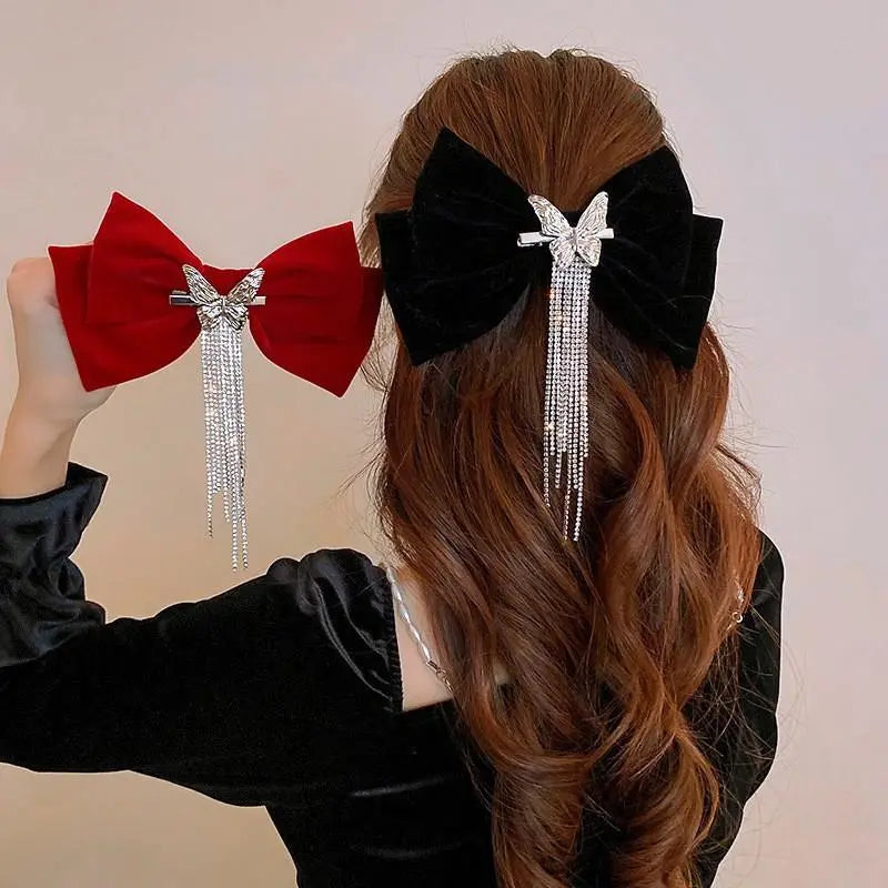 Barrette Cheveux Femme Chic Noeud de Fete rouge en velour noir et strass, pince epingle