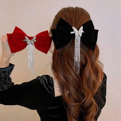 Barrette Cheveux Femme Chic Noeud de Fete rouge en velour noir et strass, pince epingle