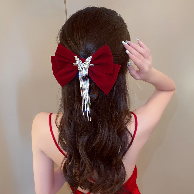 Barrette Cheveux Femme Chic Noeud de Fete rouge en velour et strass, pince epingle