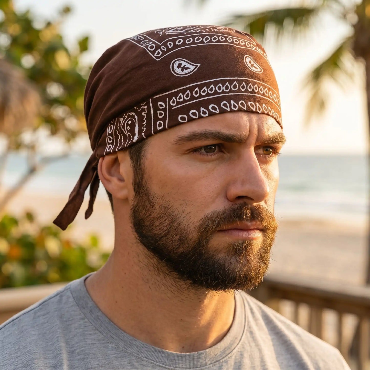 Durag Bandana, courte queue en coton marron, sur la tete d'un homme blanc, dans a la plage