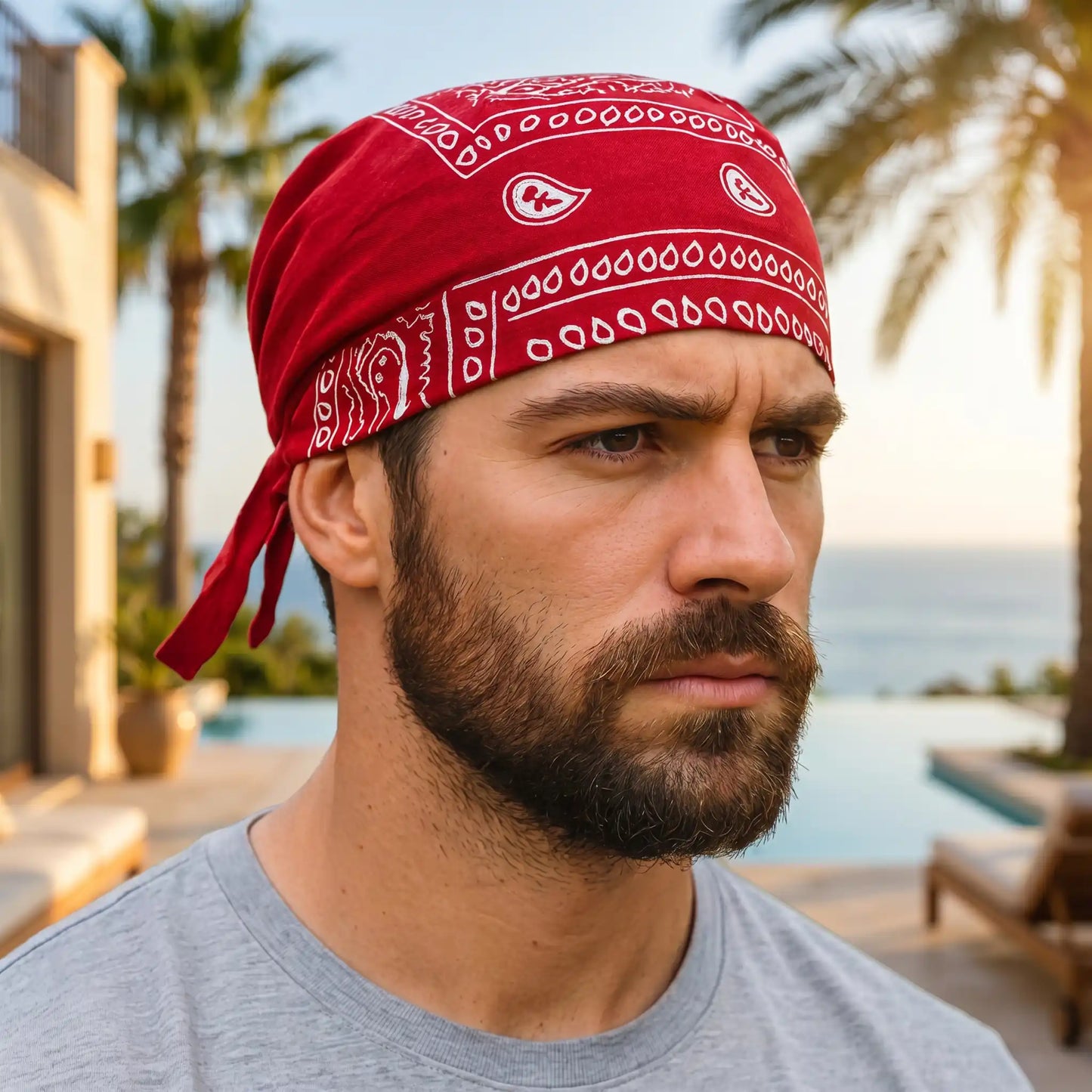 Durag Bandana, courte queue rouge, en coton sur la tete d'un homme blanc, dans a la plage