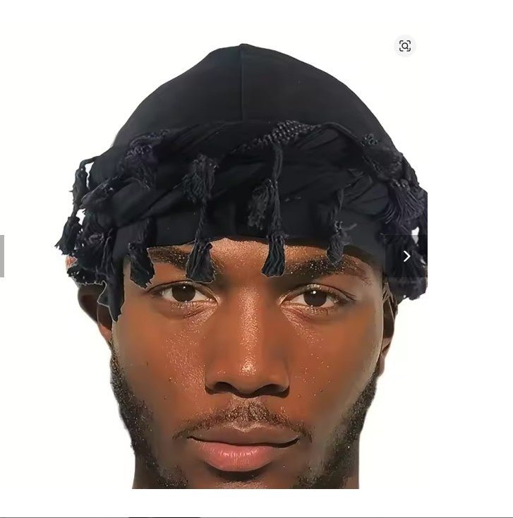 BANDEAU CHEVEUX HOMME STYLE DURAG Saharien Vintage Élégant à Franges chic satin double noir foulard