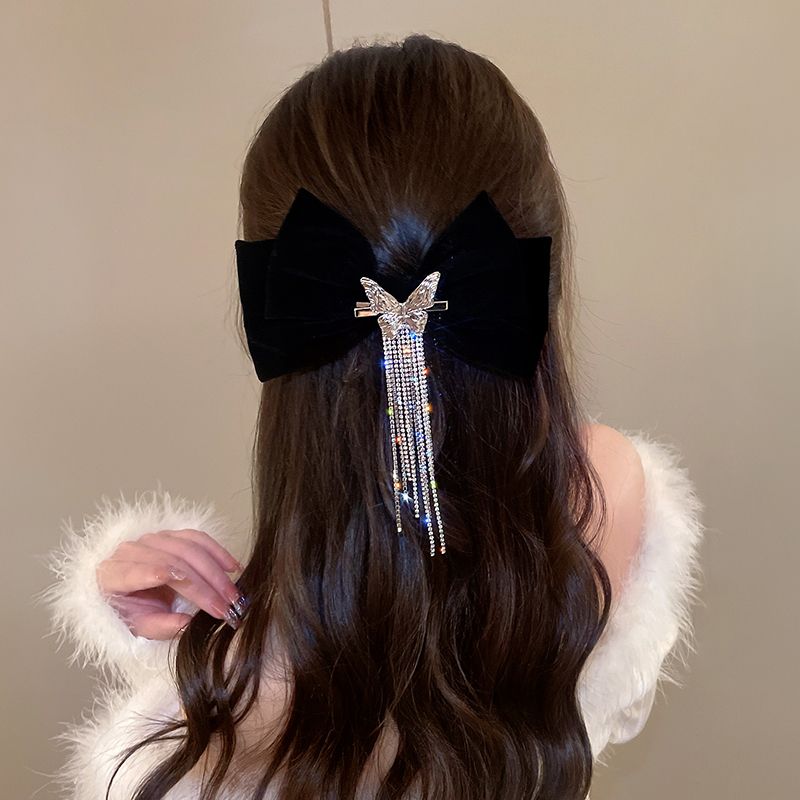 Barrette Cheveux Femme Chic Noeud de Fete rouge en velour et strass, pince epingle