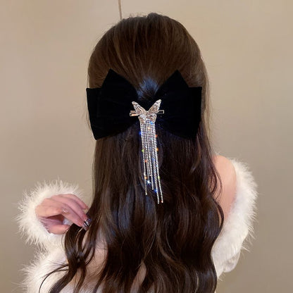 Barrette Cheveux Femme Chic Noeud de Fete rouge en velour et strass, pince epingle