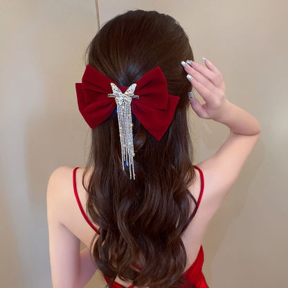 Barrette Cheveux Femme Chic Noeud de Fete rouge en velour et strass, pince epingle