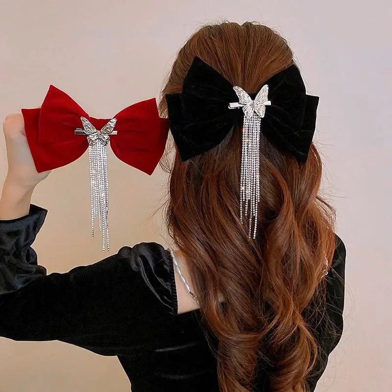 Barrette Cheveux Femme Chic Noeud de Fete rouge en velour noir et strass, pince epingle