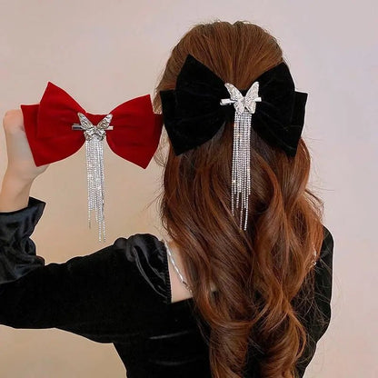 Barrette Cheveux Femme Chic Noeud de Fete rouge en velour noir et strass, pince epingle