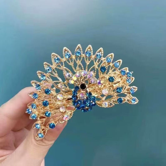 Barrette Pince Cheveux Plate Strass-Paon Glamour Vintage_or bleu