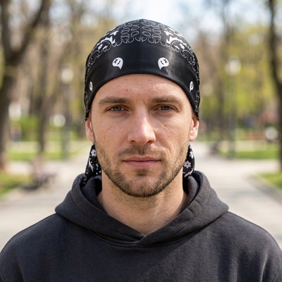 Durag bandana courte queue, pour activité sportif sur la tete d'un homme blanc, couleur noir, bandeau pour  cheveux cour
