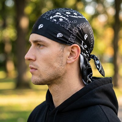 Durag bandana courte queue, pour activité sportif sur la tete d'un homme blanc, couleur noir