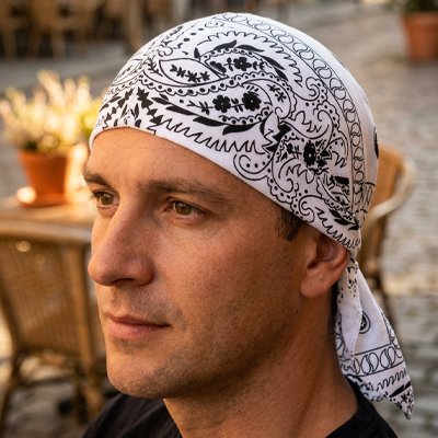 Durag bandana courte queue, pour activité sportif sur la tete d'un homme blanc, couleur blanc, pour chute cheveux apres chimio