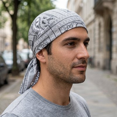 Durag bandana courte queue, pour activité sportif sur la tete d'un homme blanc, couleur gris, pour chute cheveux apres chimio