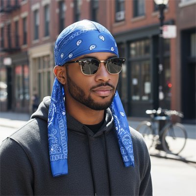 Durag bandana , en soie bleu sur la tete d'un homme noir