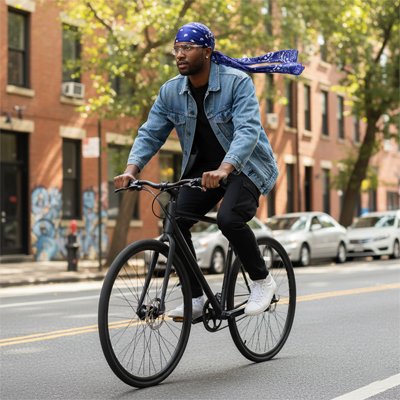 Durag bandana , en soie bleu sur la tete d'un homme noir, sur un velo