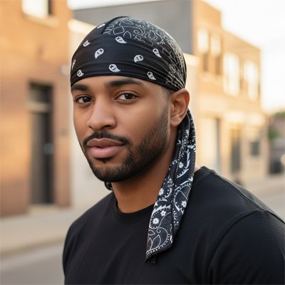 Durag bandana , en soie noir sur la tete d'un homme noir