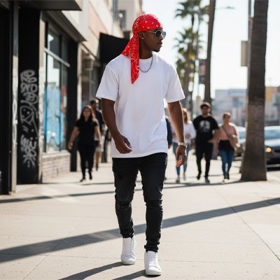 Durag bandana , en soie rouge sur la tete d'un homme noir