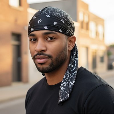 Durag bandana , en soie noir sur la tete d'un homme noir