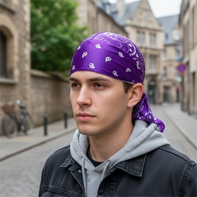 Durag bandana , en soie violet sur la tete d'un homme noir