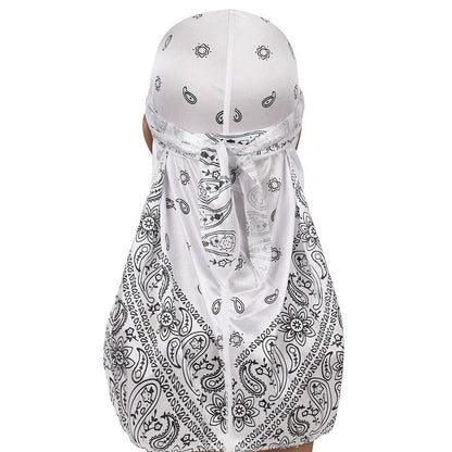 Durag en soie syntetique motif Bandana Blanc_Noir