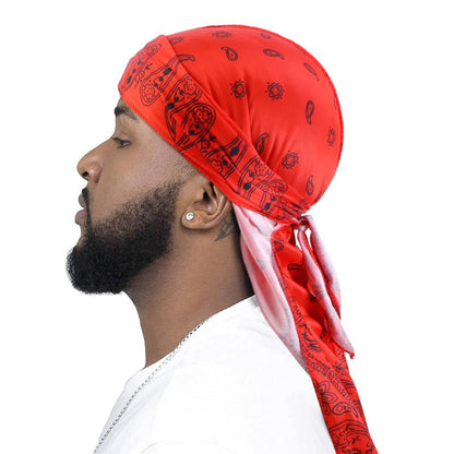 Durag en soie syntetique motif Bandana Noir_Rouge