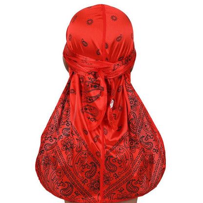 Durag en soie syntetique motif Bandana Rouge Noir Longue Queue pour homme Femme