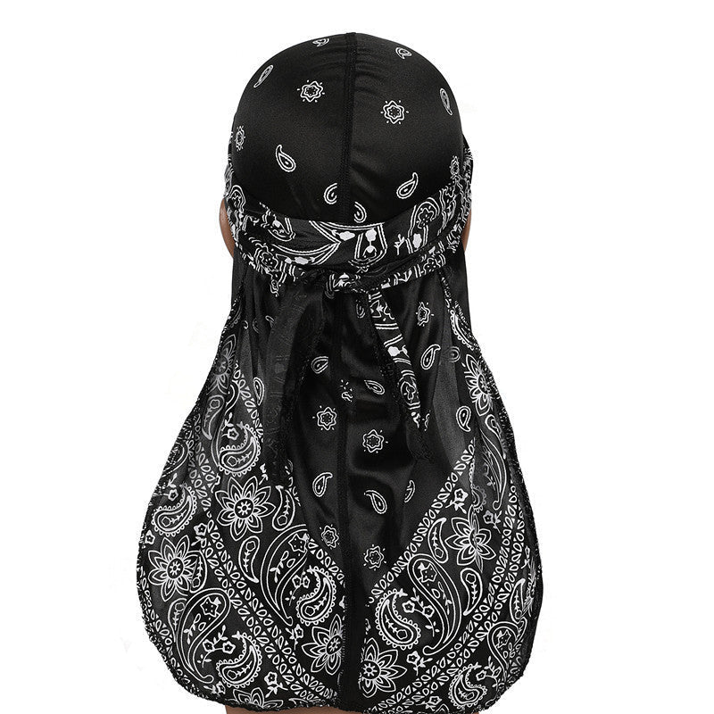 Durag en soie syntetique motif Bandana Noir Blanc Bandeau Longue Queue pour homme Femme