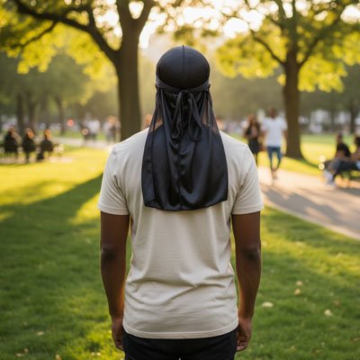 Durag soie noir, homme noir, dans la rue