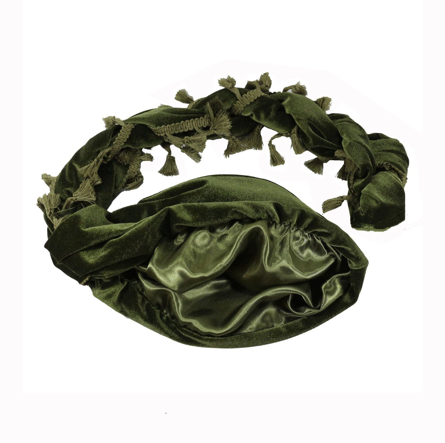 DURAG TURBAN VELOURS-Style Elegant a Franges homme femme chic satin double vert avec frange