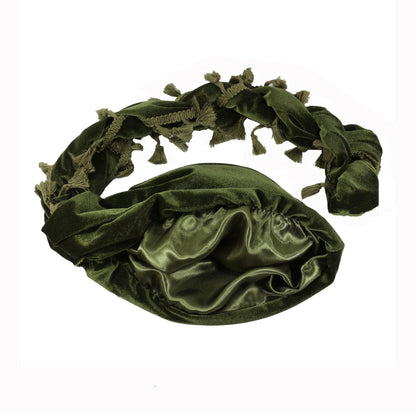 DURAG TURBAN VELOURS-Style Elegant a Franges homme femme chic satin double vert avec frange