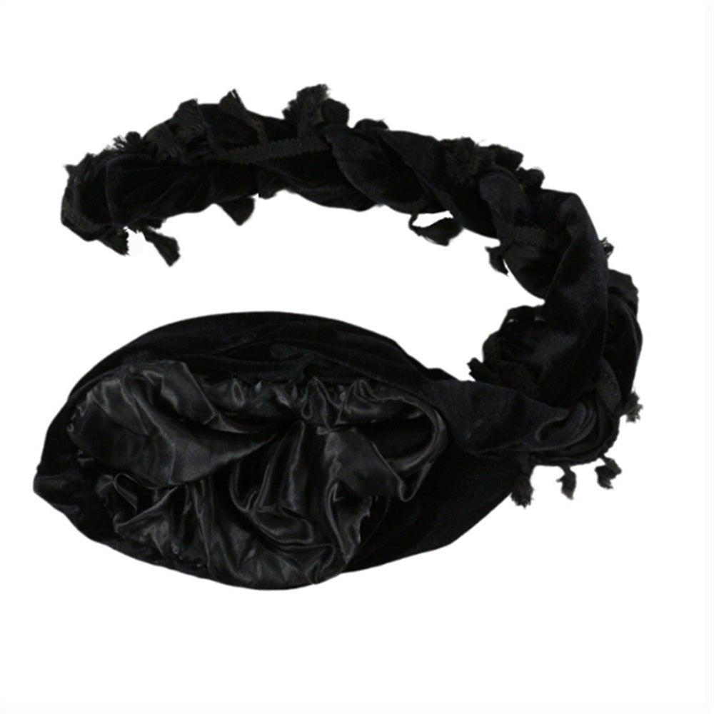 DURAG TURBAN VELOURS-Style Elegant a Franges homme femme chic satin double noir avec frange
