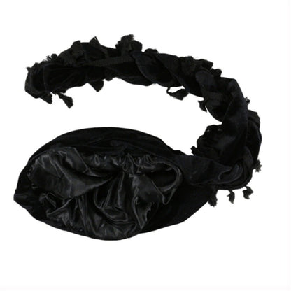 DURAG TURBAN VELOURS-Style Elegant a Franges homme femme chic satin double noir avec frange