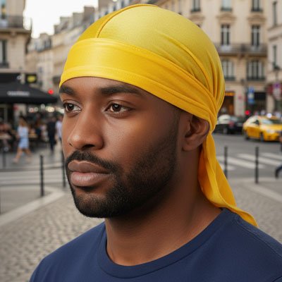 Durag velourd joune, homme noir, dans la rue