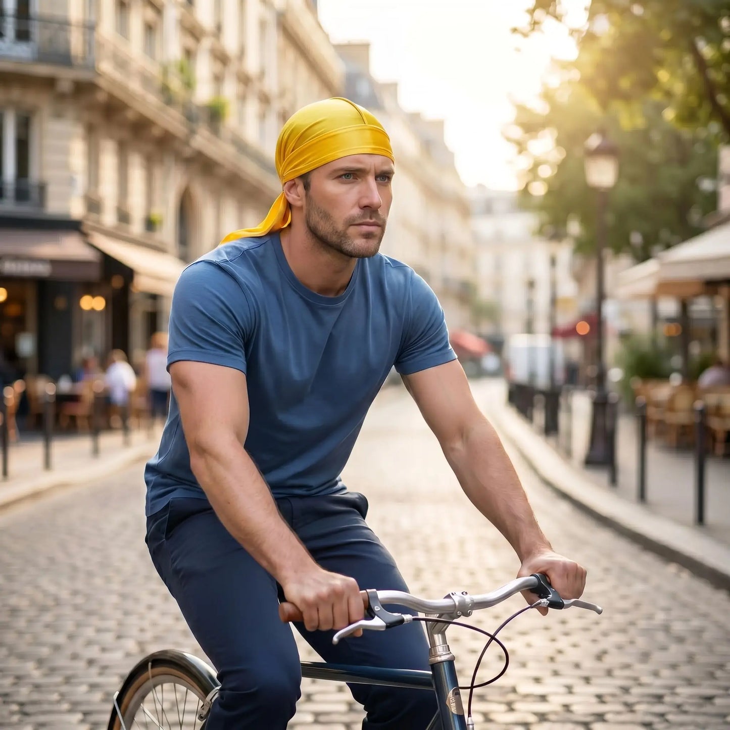 durag en velour, sur la tete d'un homme blanc en velo dans une rue