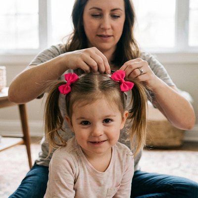 Elastique cheveux  bebe, pour ponpon cute, une maman entraint de decorer les decorer les pompom de sa fillette
