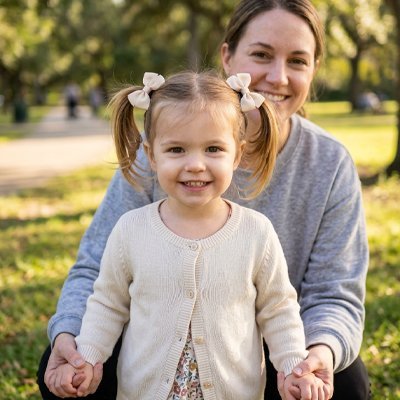 Elastique cheveux  bebe, sur les deux ponpon d'une fillette au parc, sa maman arretant ses 2 mains en souriant