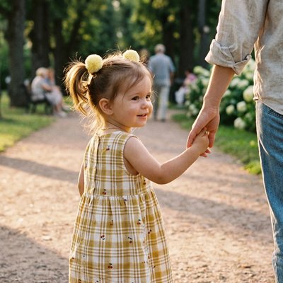Elastique cheveux en boule, jaune , atrappant les cheveux mi-long d'une petite fille en deux ponpon de coté