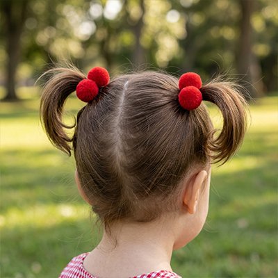 Elastique cheveux en forme de cerise, rouge , atrappant les cheveux cour d'une petite fille en deux ponpon de coté