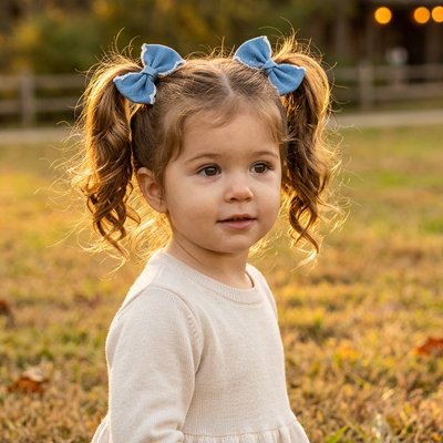 Elastique cheveux en noeud papillon, bleu , atrappant les cheveux cour d'une petite fille au park en deux ponpon de coté