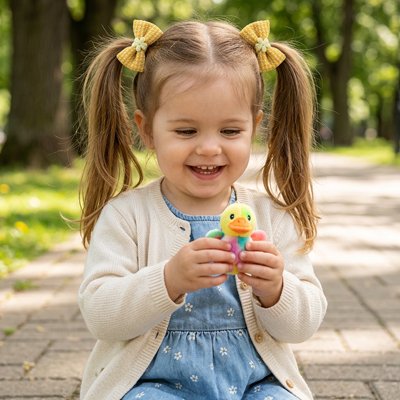 Elastique cheveux en noeud papillon, jaune , atrappant les cheveux long d'une petite fille en deux ponpons ou couettes de coté