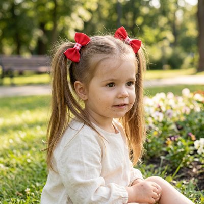Elastique cheveux en noeud papillon, rouge , atrappant les cheveux long d'une petite fille en deux ponpons ou couettes de coté