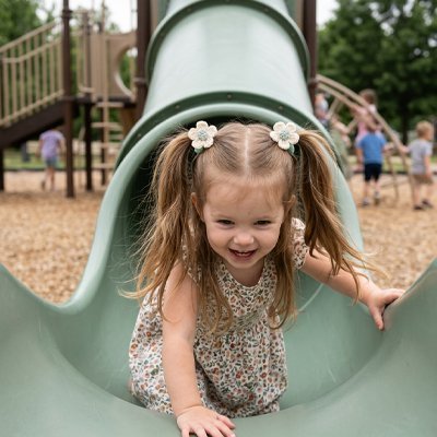 Elastique cheveux, pour le pompon de petite fille, sur la tete d'une petite fille sortant d'un tunel dans un aire de jeux