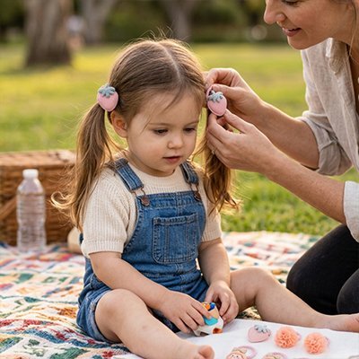 Elastique cheveux, sur la tete d'un bebe assise sur la natte du picnic et sa maman ajustant ses pompons