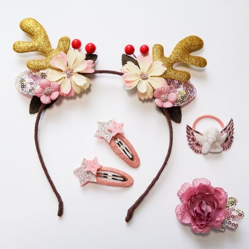 Kit Serre - Tête Noël Fillette | Bois de Renne Pailleté avec FleursCheveux ponpon Accessoires,Cheveux, Noel Enfant- bois, de, renne or