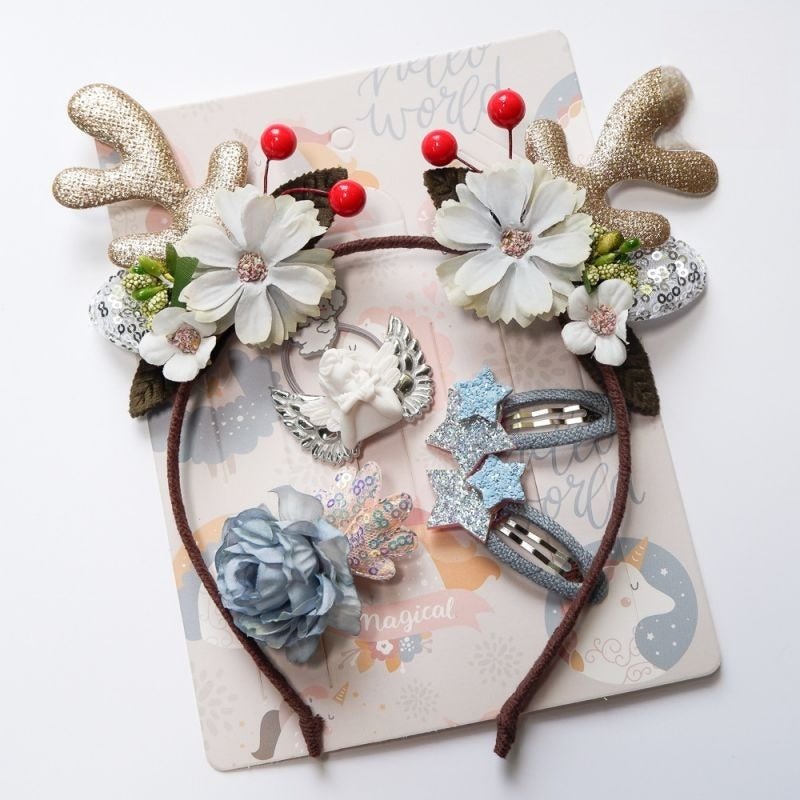 Kit Serre - Tête Noël Fillette | Bois de Renne Pailleté avec Fleurs Accessoires,Cheveux, Noel Enfant- bois, de, renne or